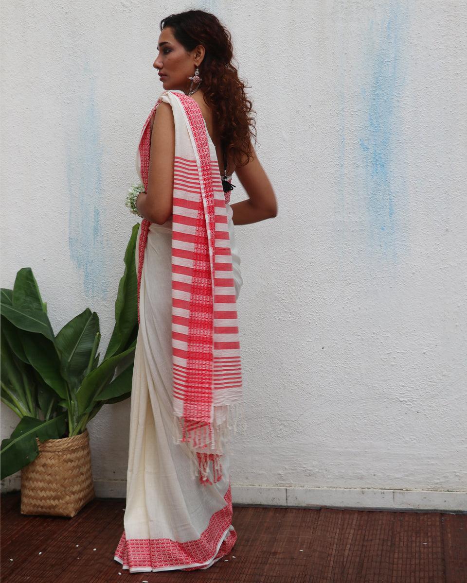 Chitra Ivory Handwoven Linen Cotton Jamdani Saree - Uma - Image 4