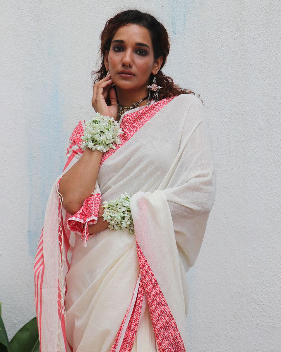 Chitra Ivory Handwoven Linen Cotton Jamdani Saree - Uma - Image 5