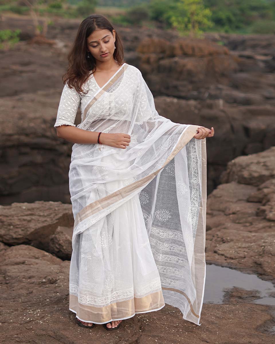 Cloudberry Kota Doria Ivory Block Printed Saree - SFD