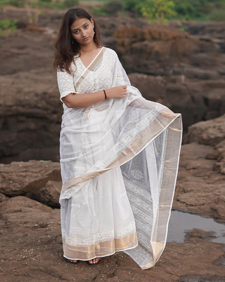 Cloudberry Kota Doria Ivory Block Printed Saree - SFD - Image 10