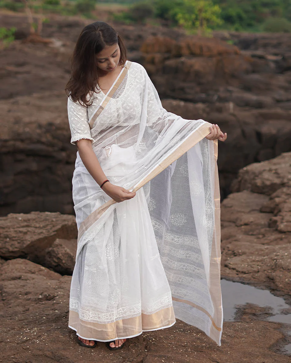 Cloudberry Kota Doria Ivory Block Printed Saree - SFD - Image 2