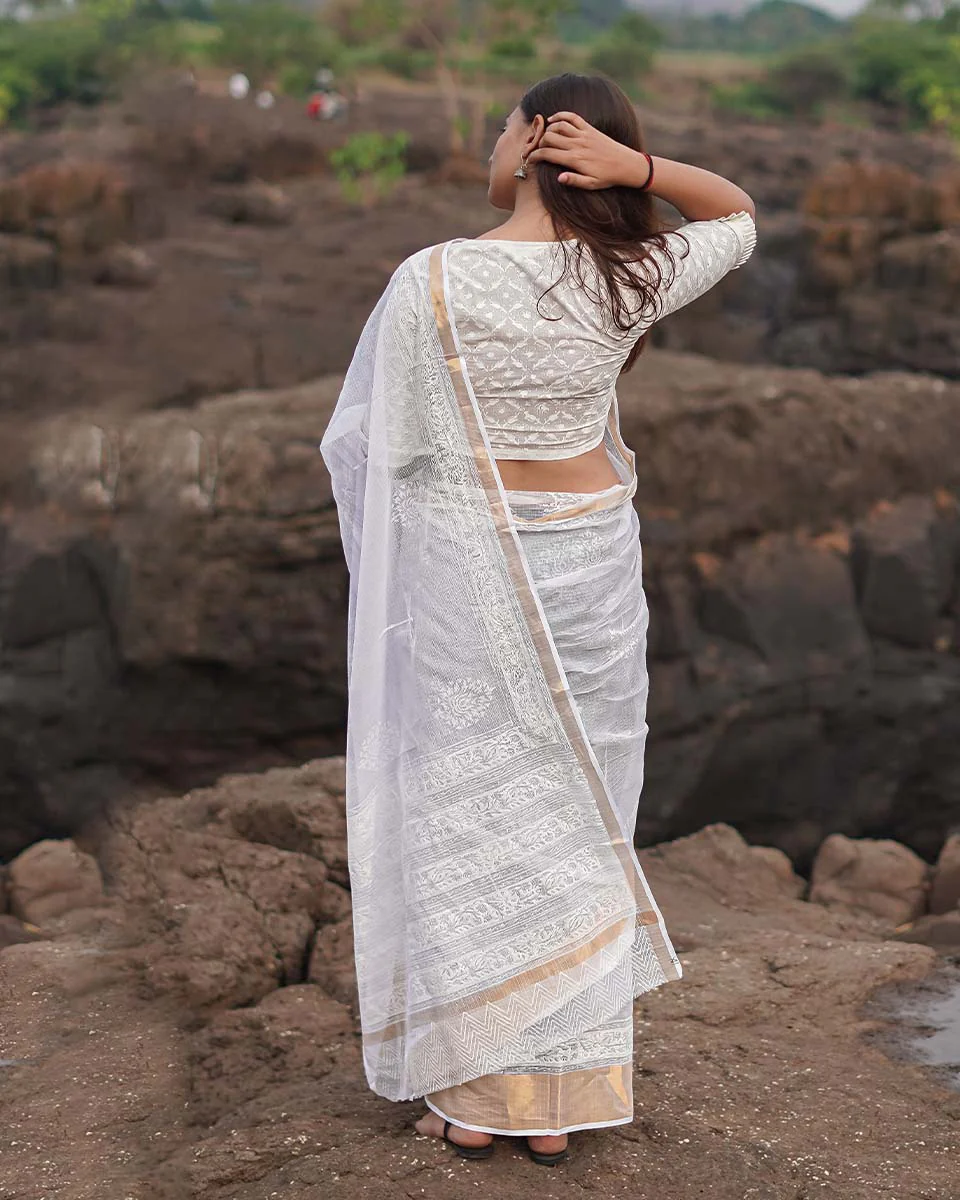 Cloudberry Kota Doria Ivory Block Printed Saree - SFD - Image 8
