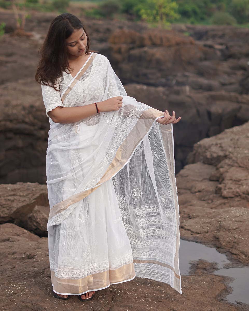 Cloudberry Kota Doria Ivory Block Printed Saree - SFD - Image 9