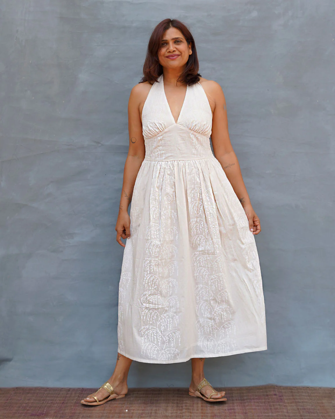 Cloudfall White Handblock Print Cotton Dress - Safed - Image 2
