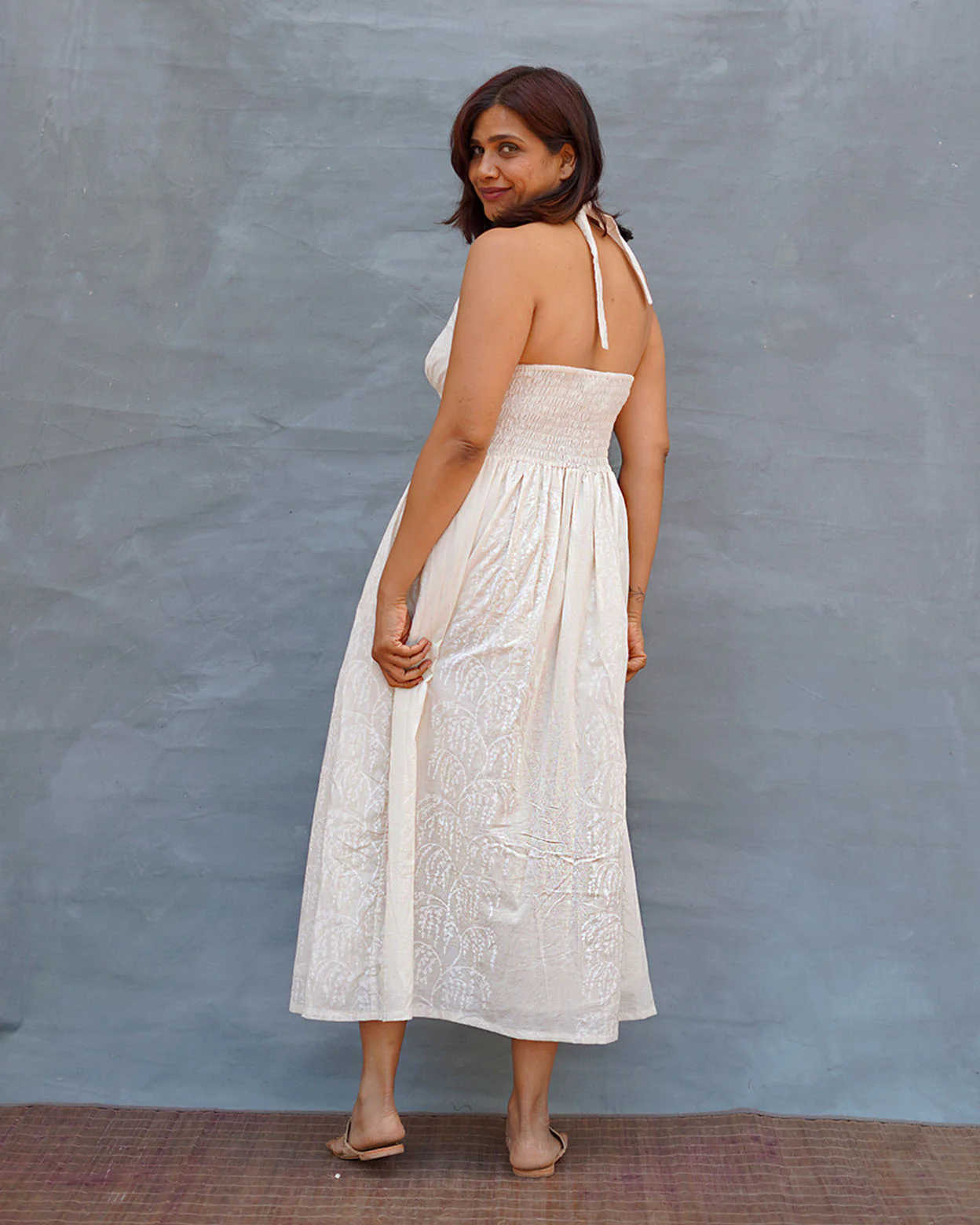Cloudfall White Handblock Print Cotton Dress - Safed - Image 5