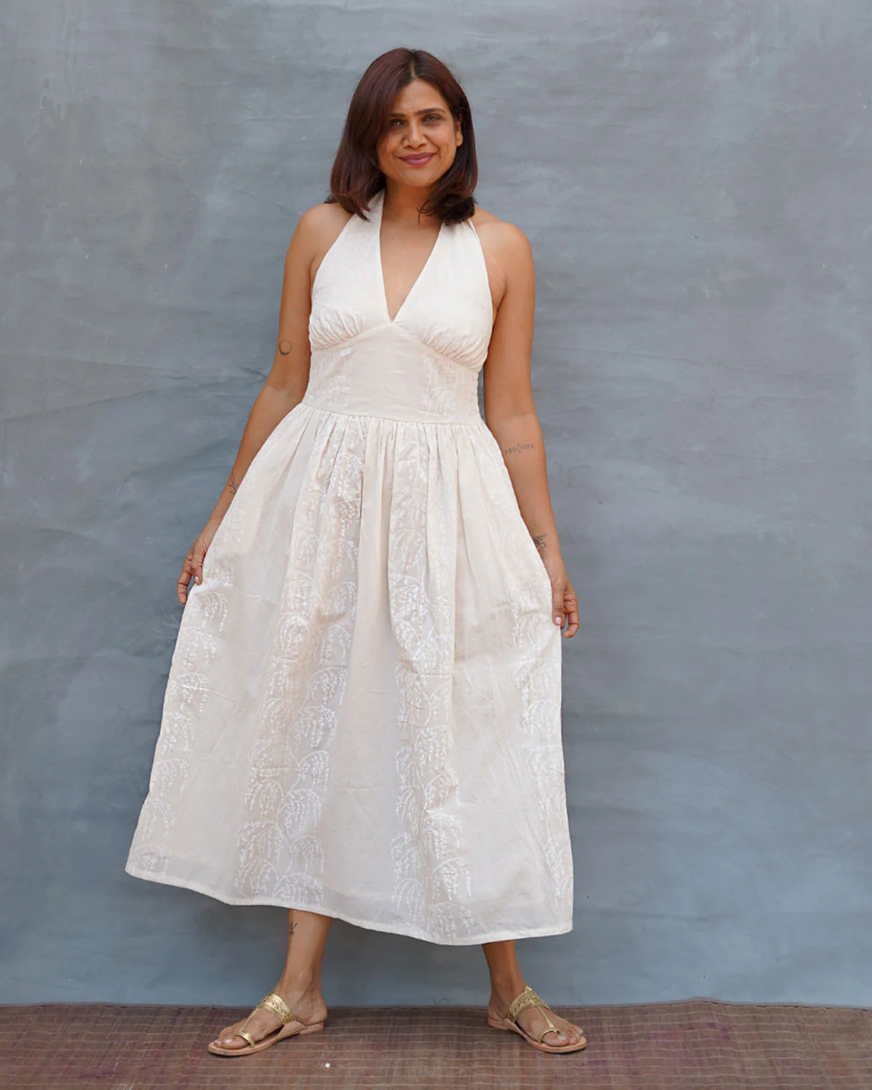 Cloudfall White Handblock Print Cotton Dress - Safed - Image 7