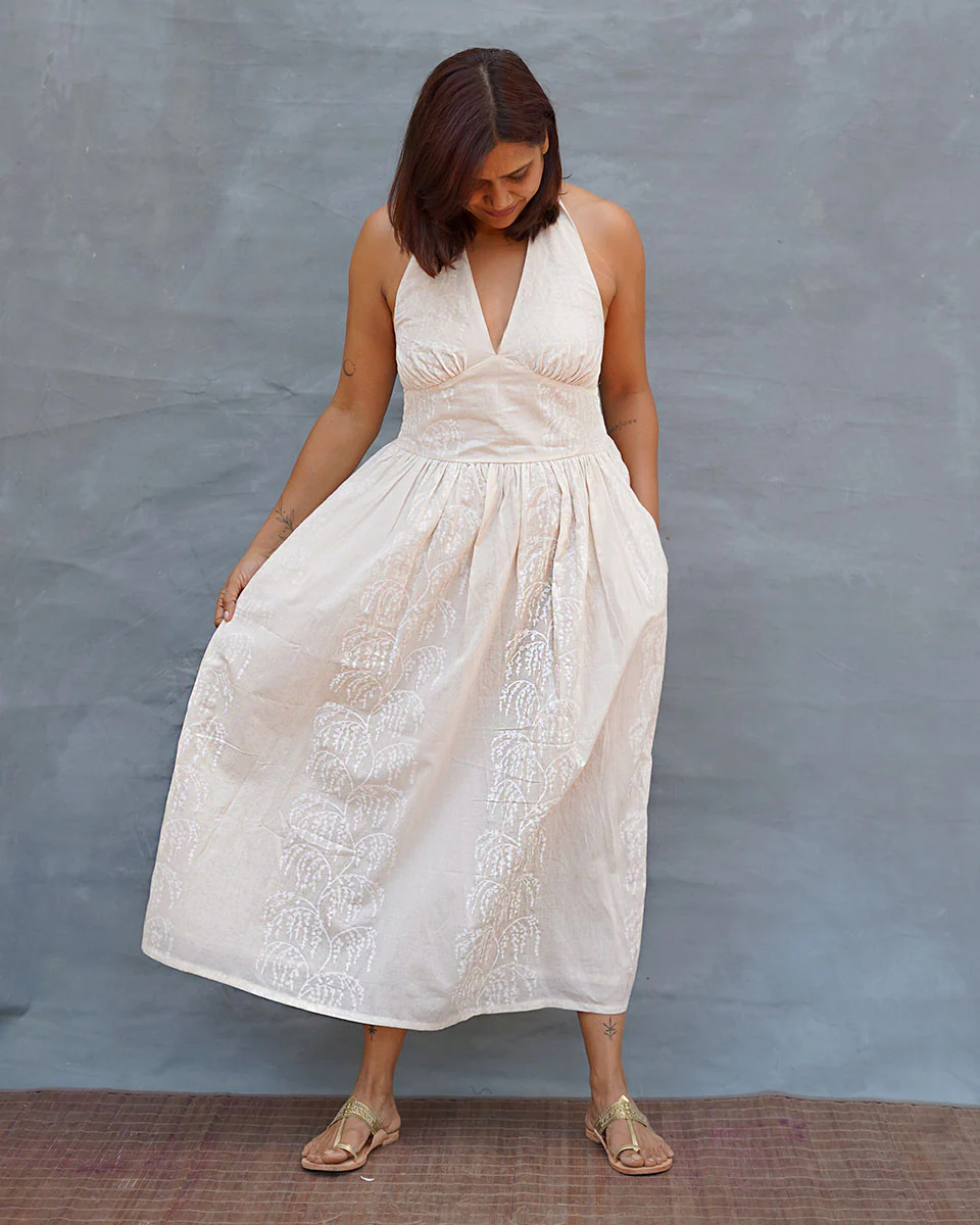 Cloudfall White Handblock Print Cotton Dress - Safed - Image 8