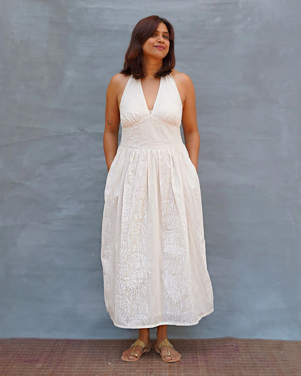 Cloudfall White Handblock Print Cotton Dress - Safed - Image 9