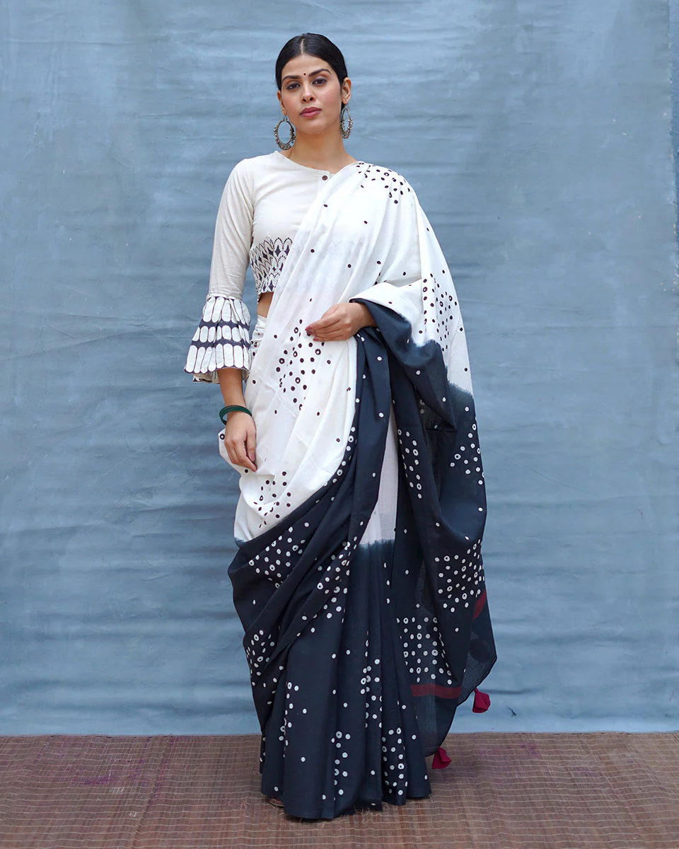 Colourblind Black & White Handblock Print Cotton Saree - MIS