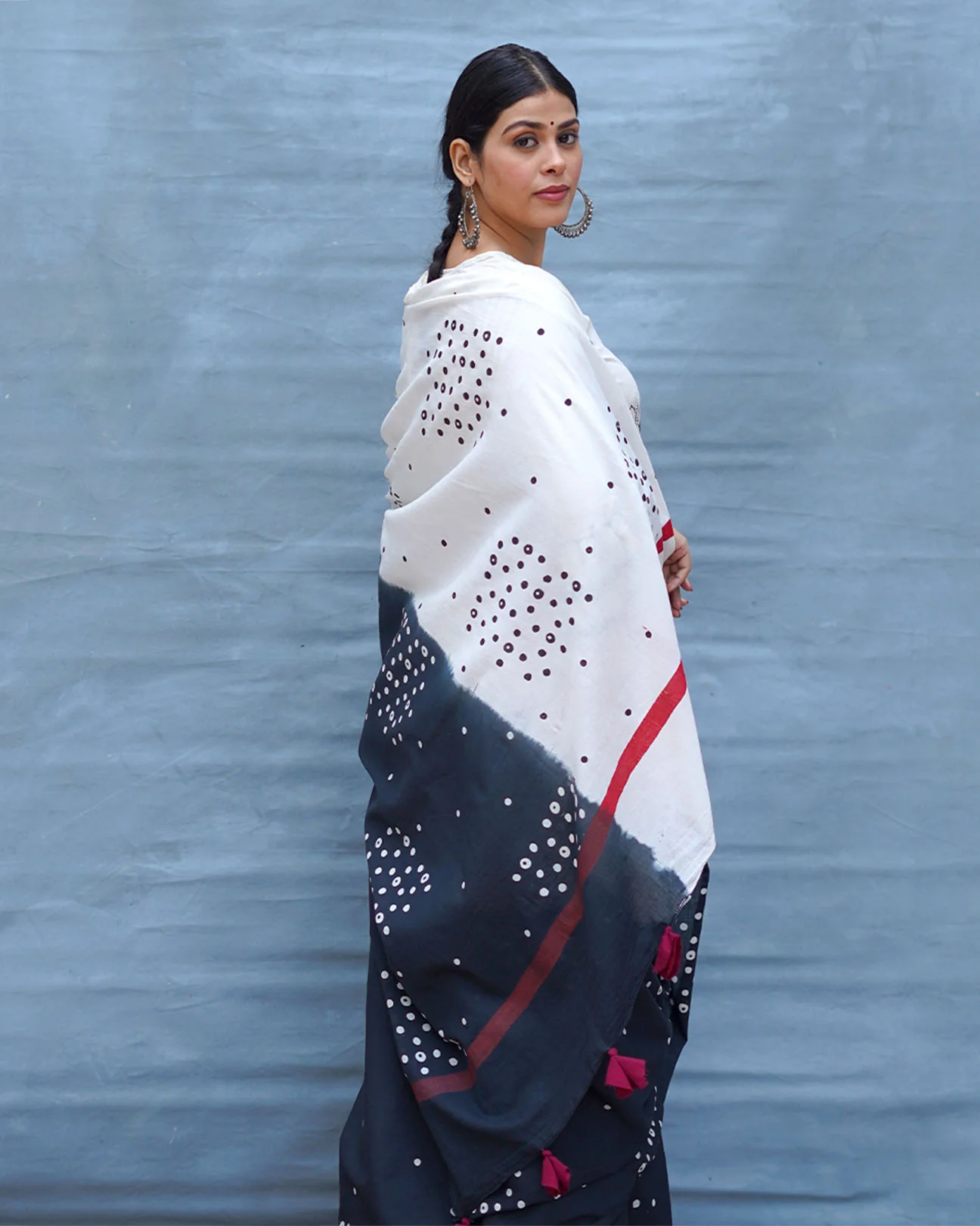 Colourblind Black & White Handblock Print Cotton Saree - MIS - Image 10