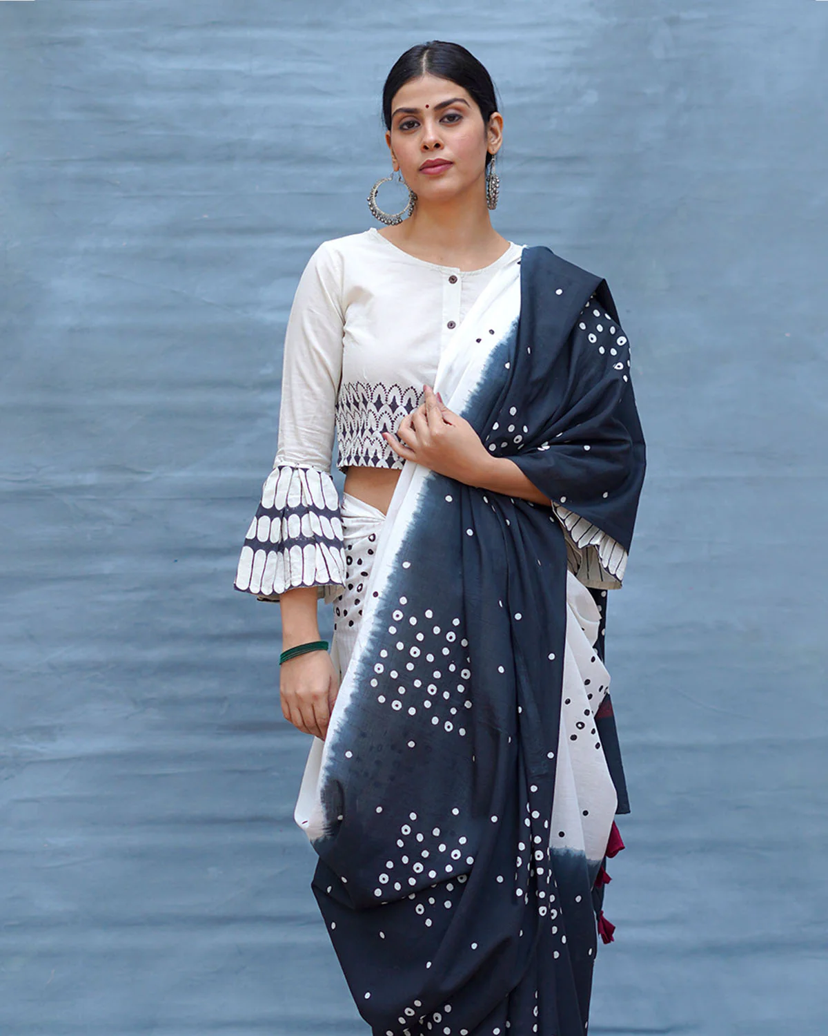 Colourblind Black & White Handblock Print Cotton Saree - MIS - Image 2