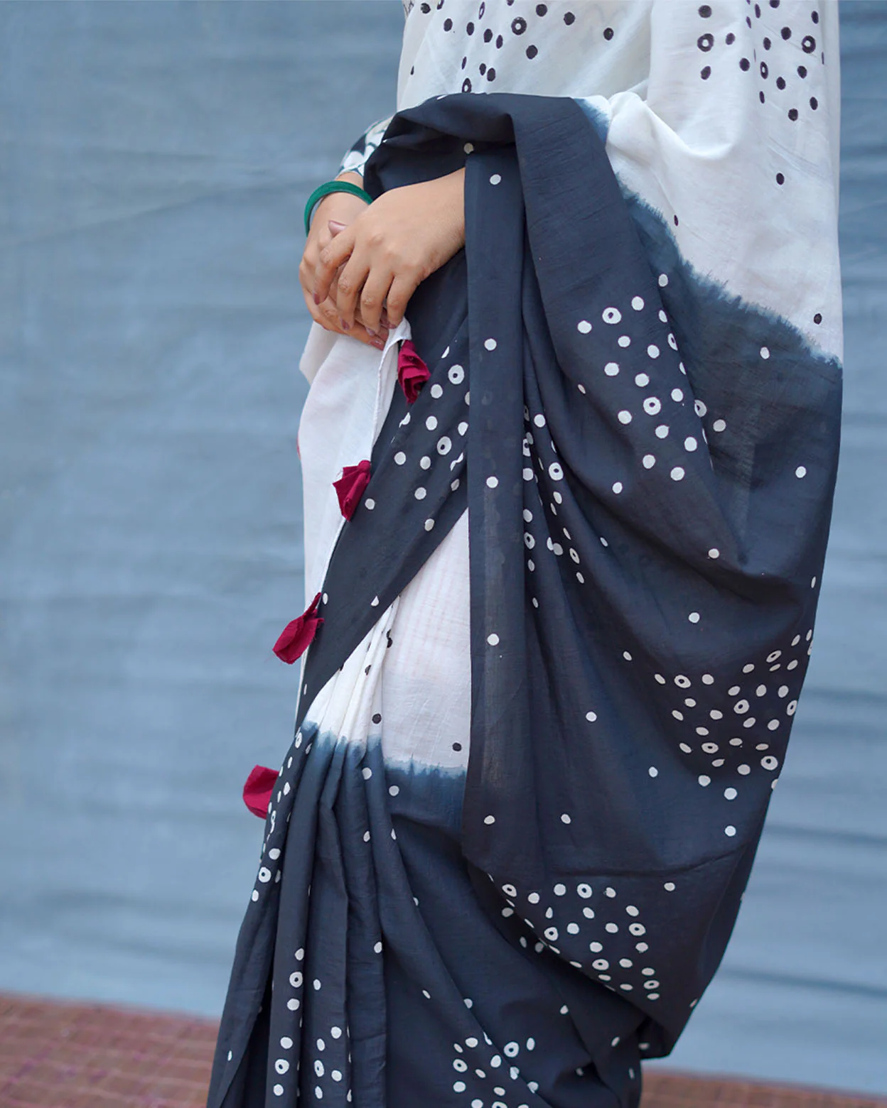 Colourblind Black & White Handblock Print Cotton Saree - MIS - Image 4