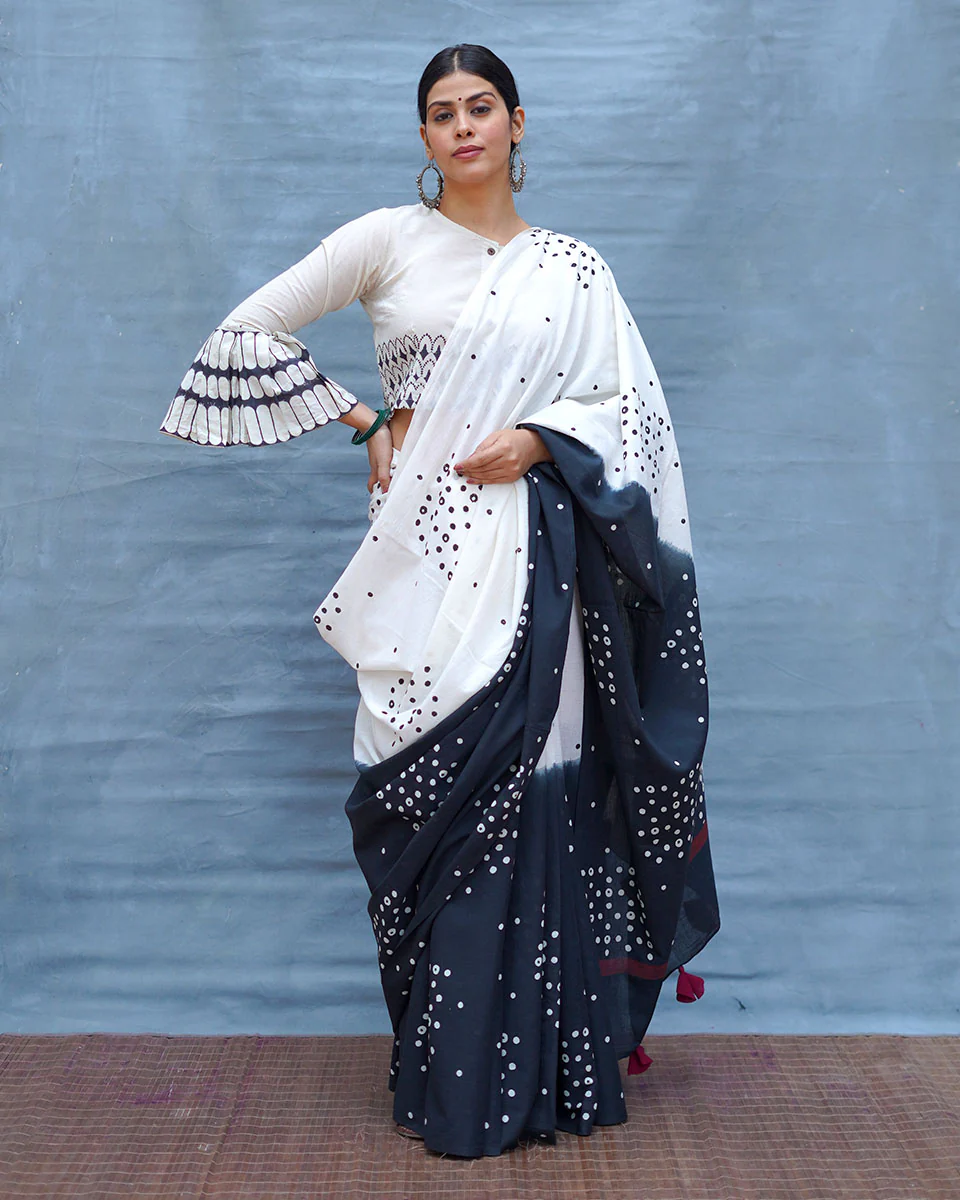 Colourblind Black & White Handblock Print Cotton Saree - MIS - Image 5