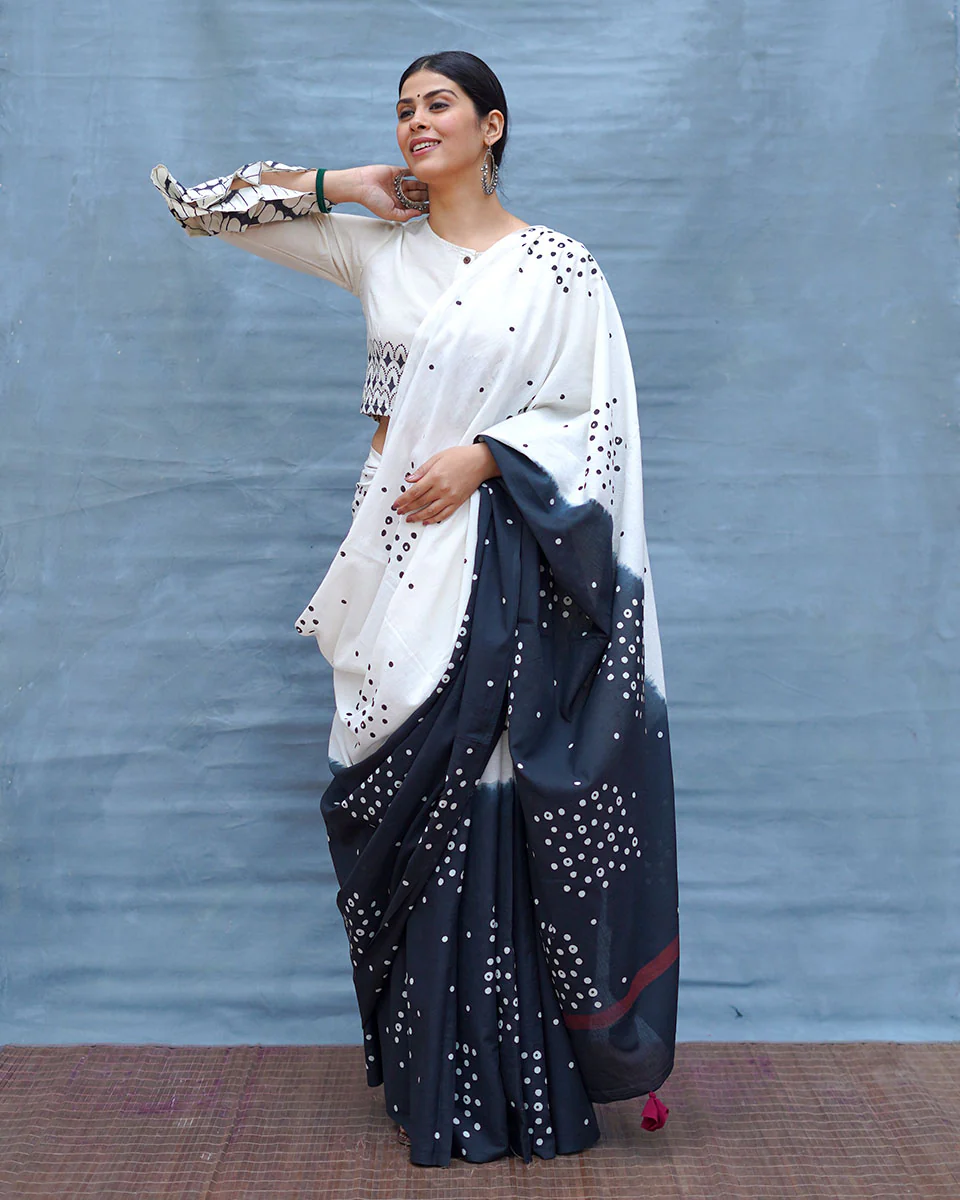 Colourblind Black & White Handblock Print Cotton Saree - MIS - Image 6