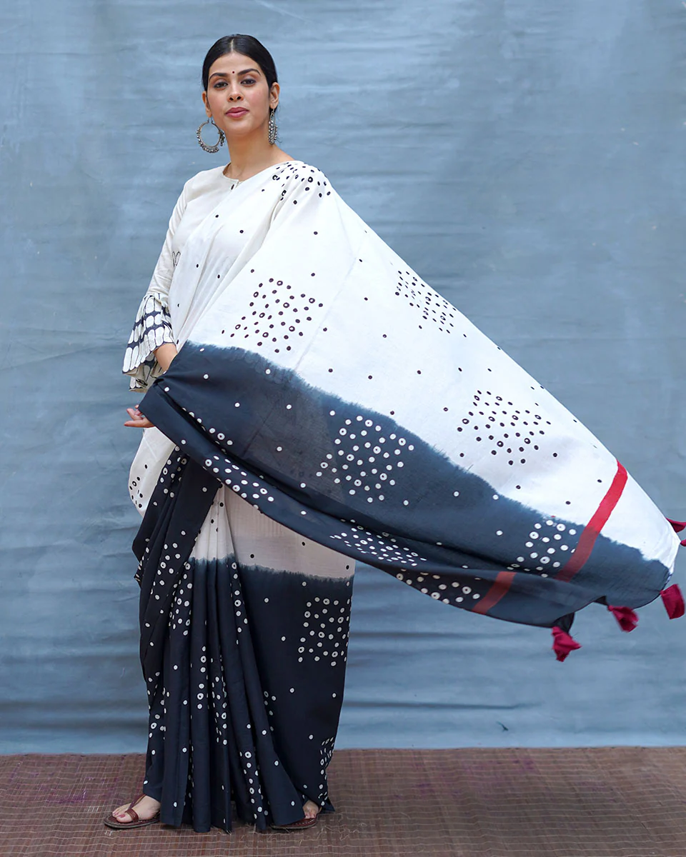 Colourblind Black & White Handblock Print Cotton Saree - MIS - Image 8