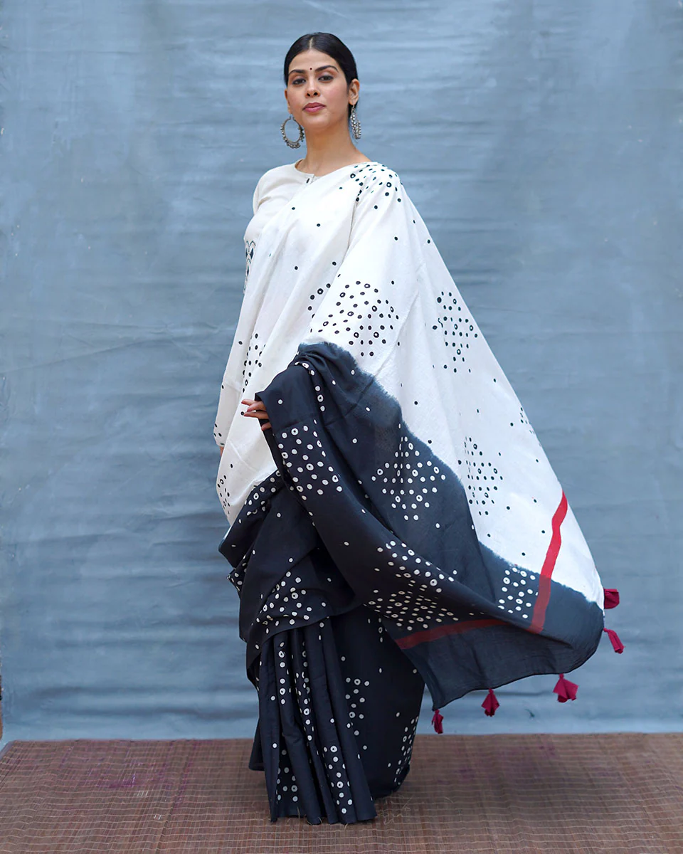 Colourblind Black & White Handblock Print Cotton Saree - MIS - Image 9