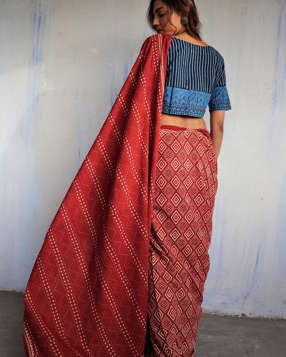 Marron Blockprinted Cotton Mul Saree - God - Image 6