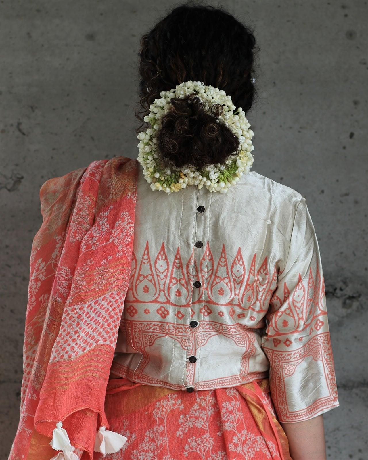 Coral Ivory Back Crop Top Blouse With Frill Neck In Mashru Silk - Image 3
