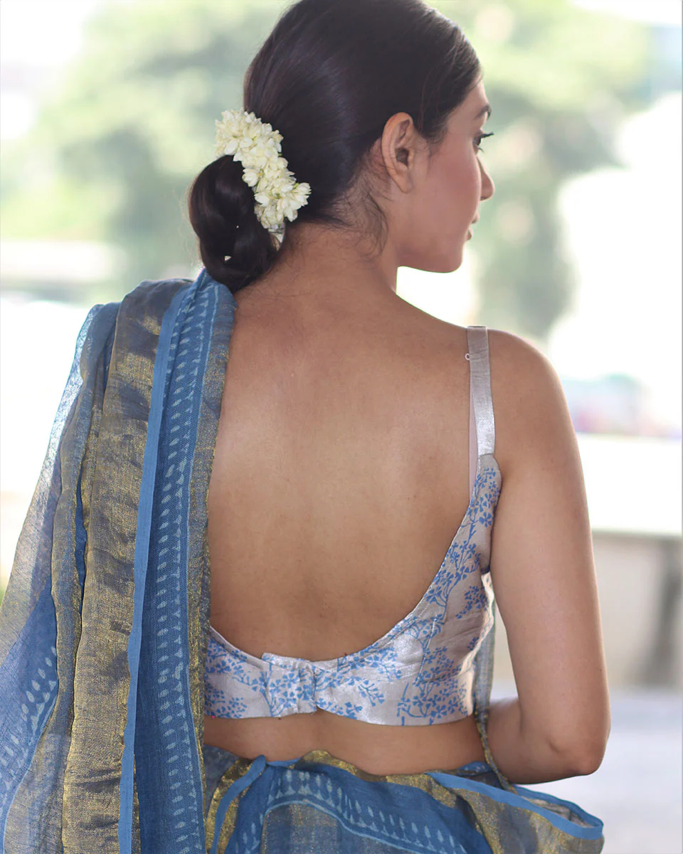 Cream Blue Blockprinted Mashru Silk Blouse- Manjari - Image 4