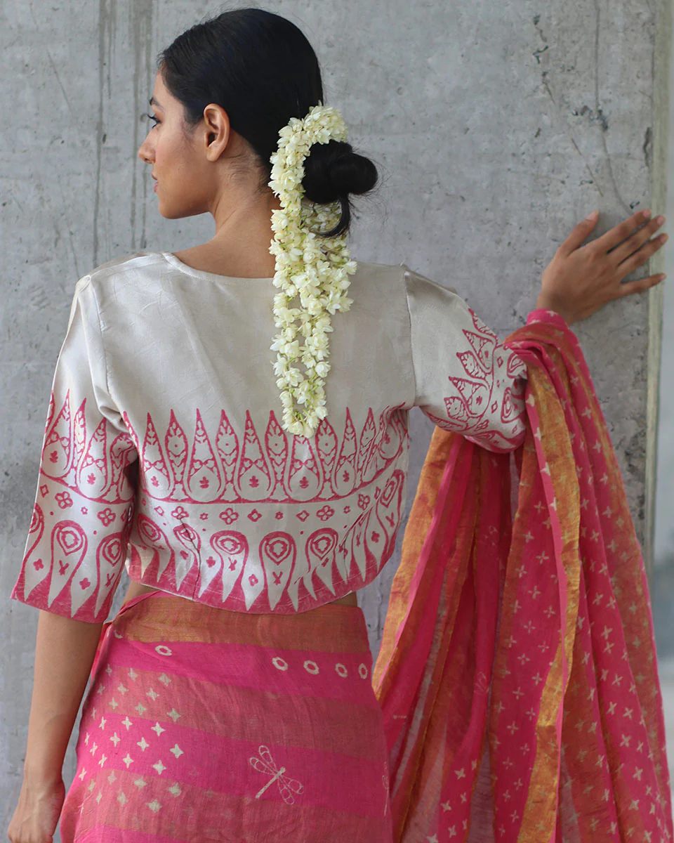 Cream Pink Blockprinted Mashru Silk Blouse-Manjari - Image 3