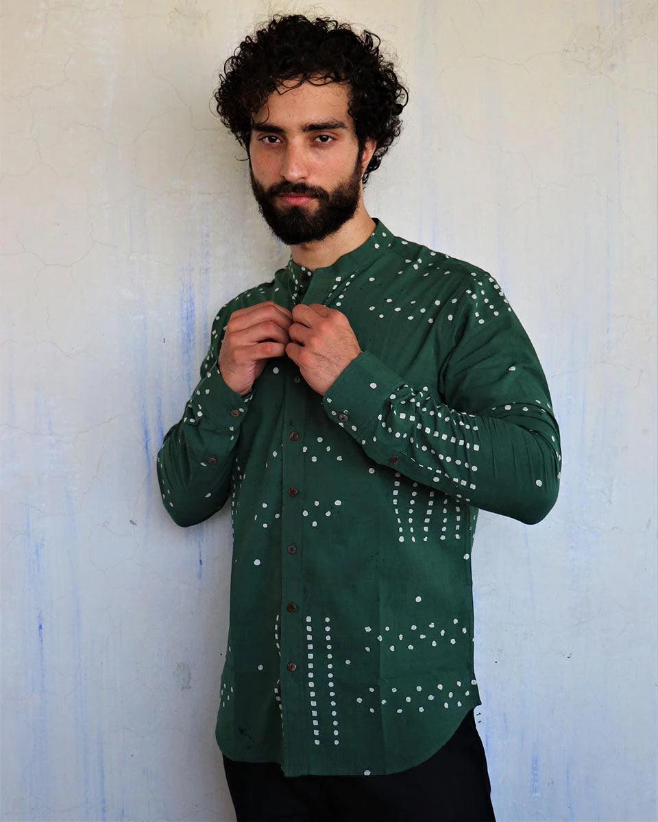Deep Sea Green Dots Blockprinted Men'S Shirt - Image 7