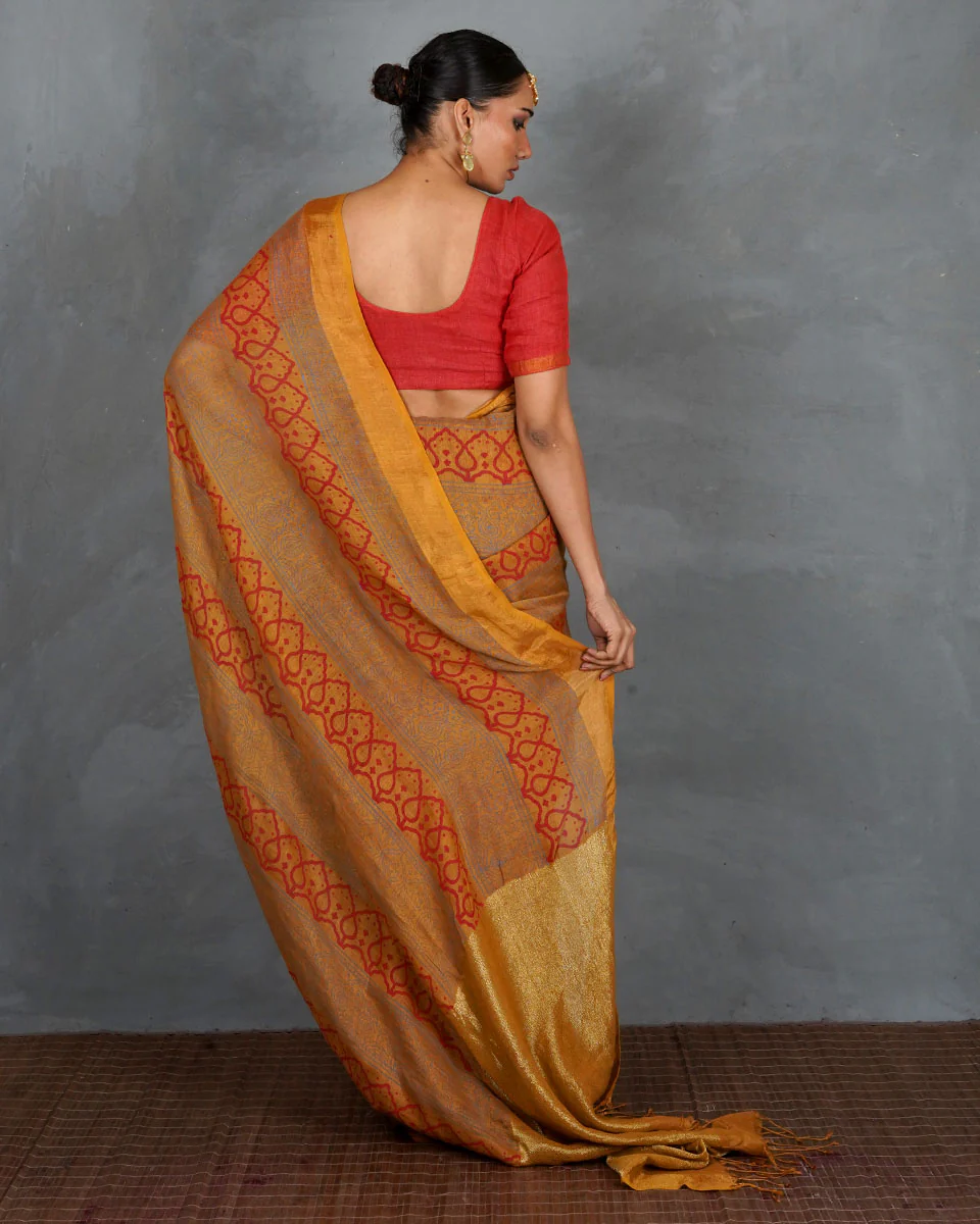 Deepika Mustard Handblock Linen Saree - TARA - Image 3