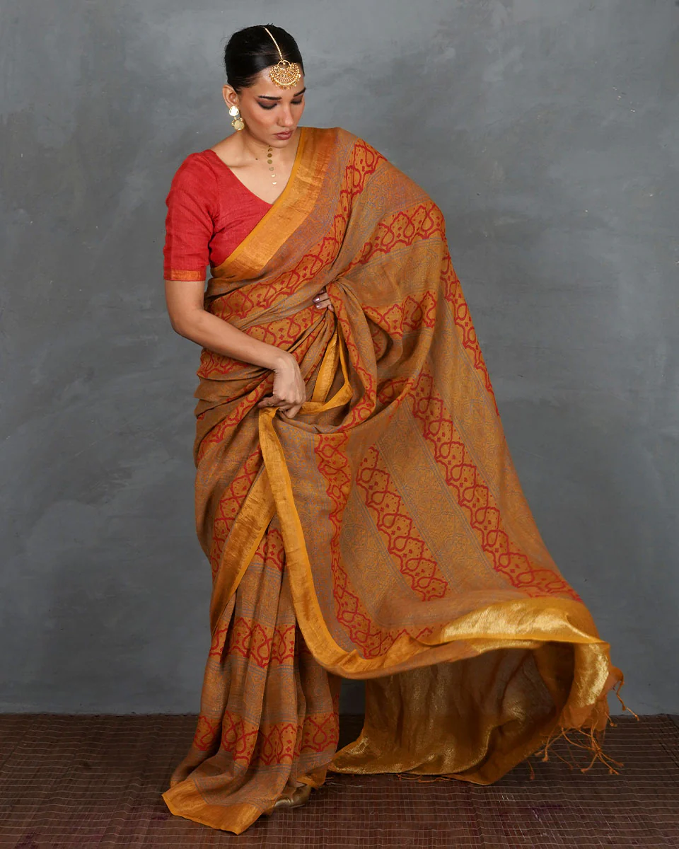 Deepika Mustard Handblock Linen Saree - TARA - Image 4