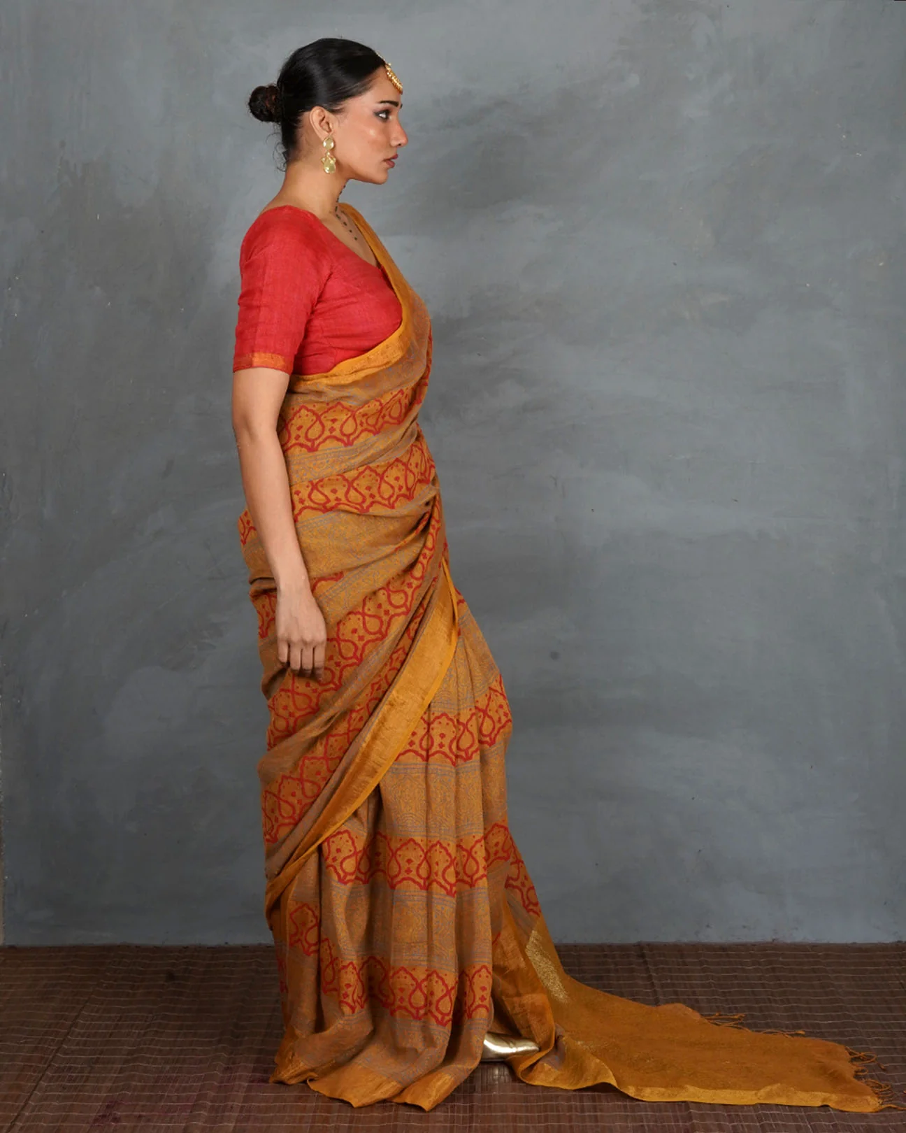 Deepika Mustard Handblock Linen Saree - TARA - Image 7