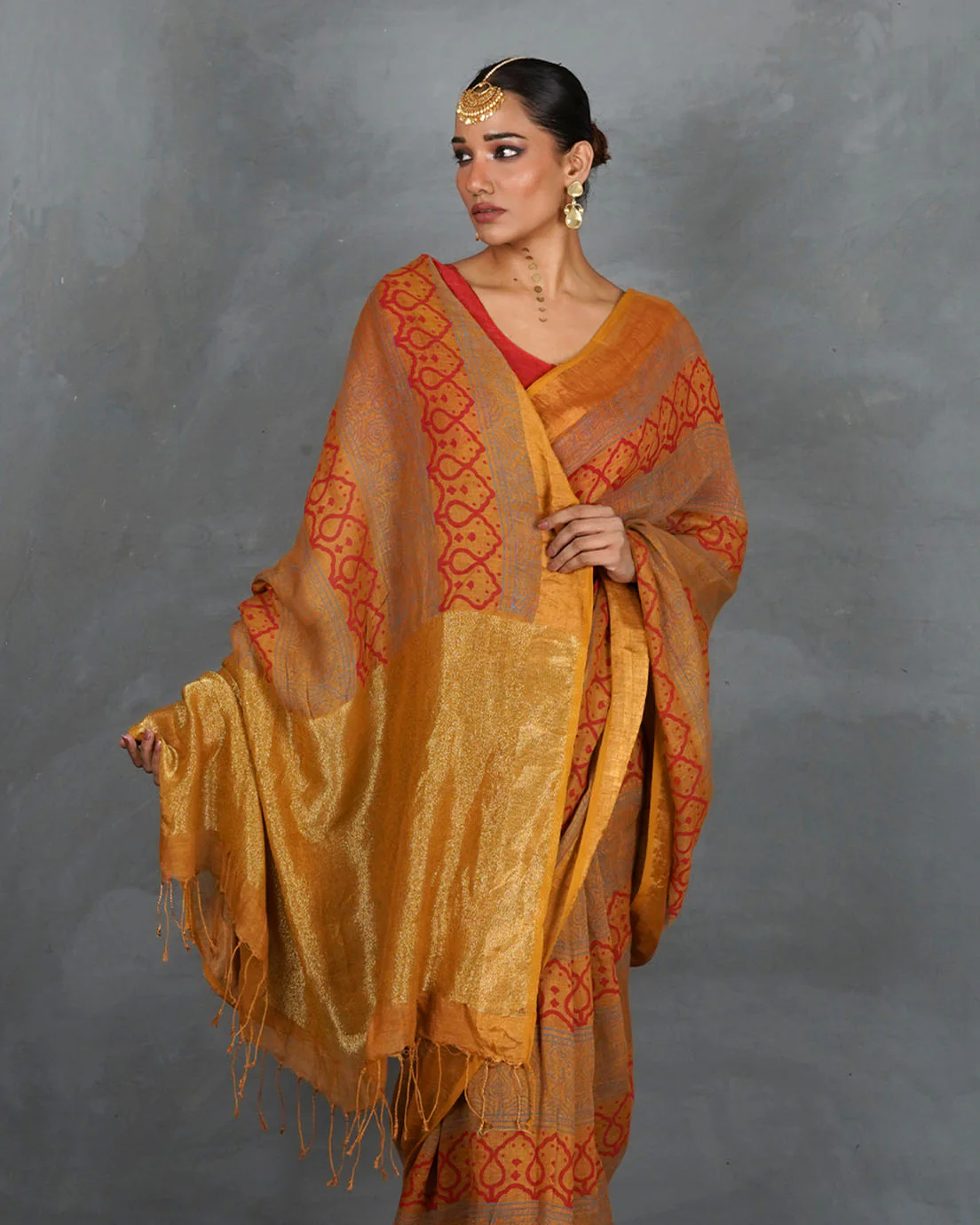 Deepika Mustard Handblock Linen Saree - TARA - Image 8