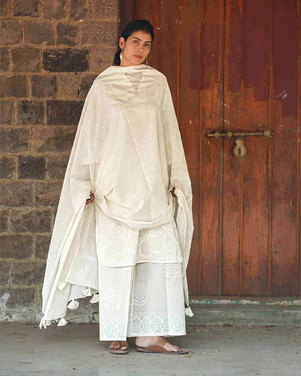 Desert Milk Ivory Block Printed Dupatta - SFD - Image 5