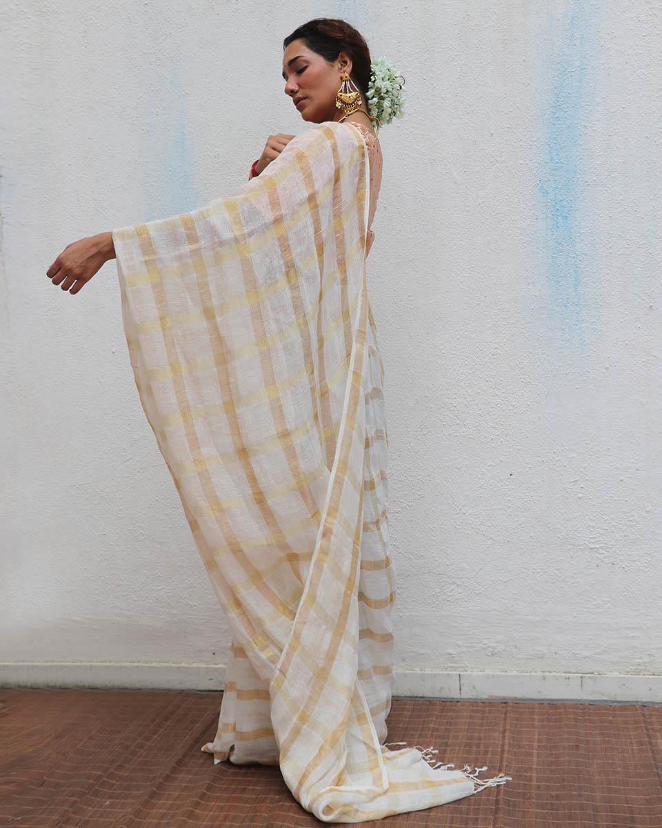 Devaki Handwoven Linen Zari Saree - Onam - Image 4