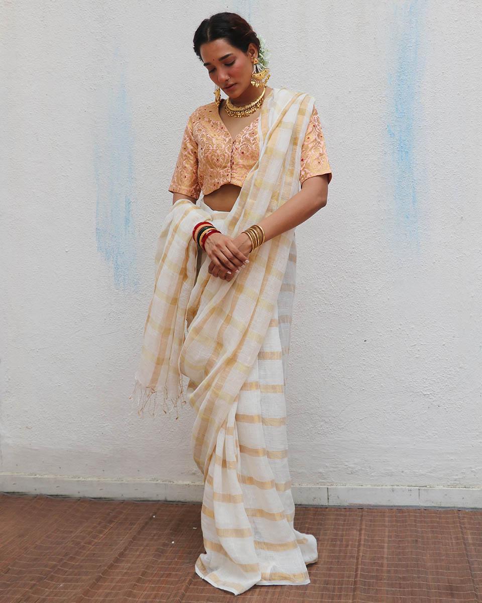 Devaki Handwoven Linen Zari Saree - Onam - Image 6