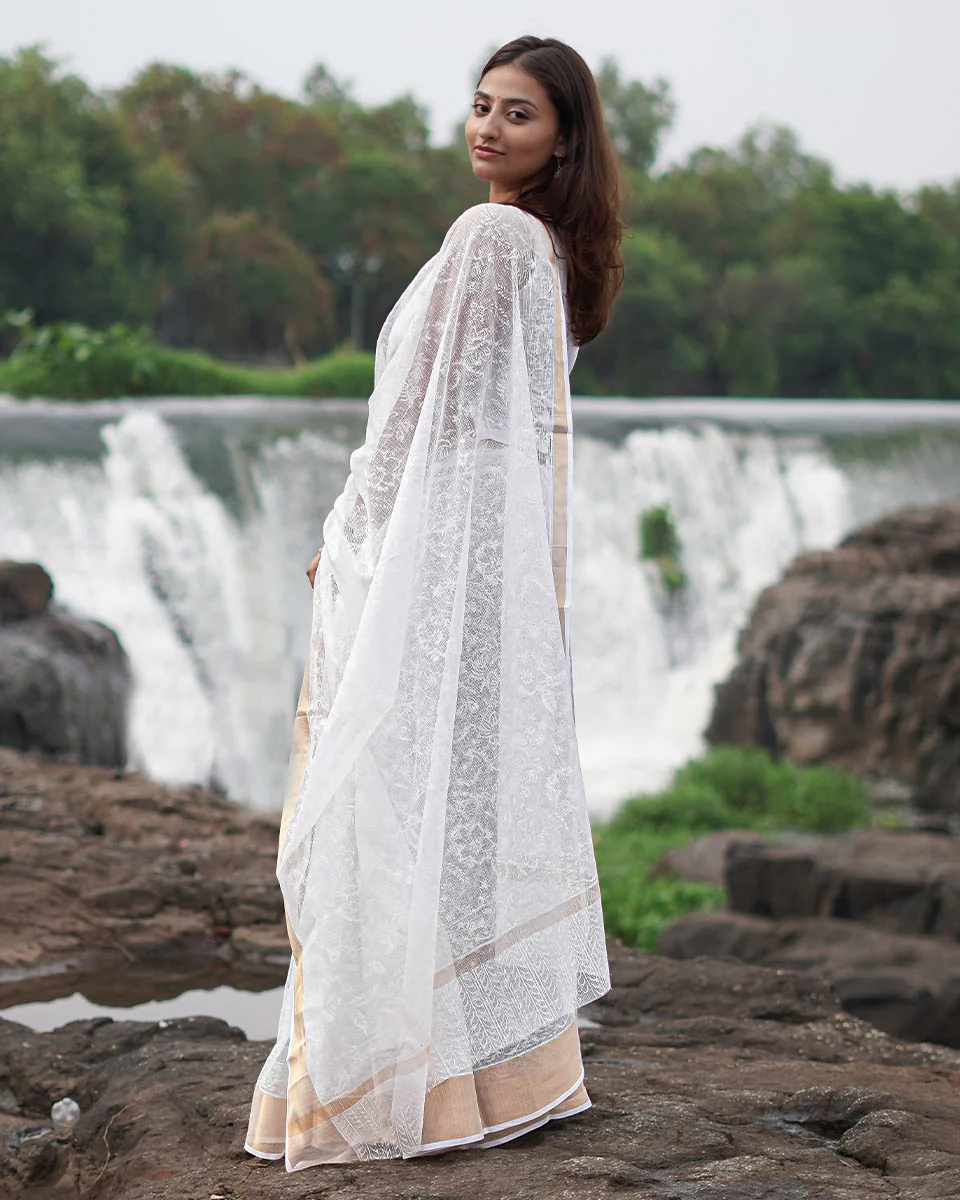 Dewbone Kota Doria Ivory Block Printed Saree - SFD - Image 3