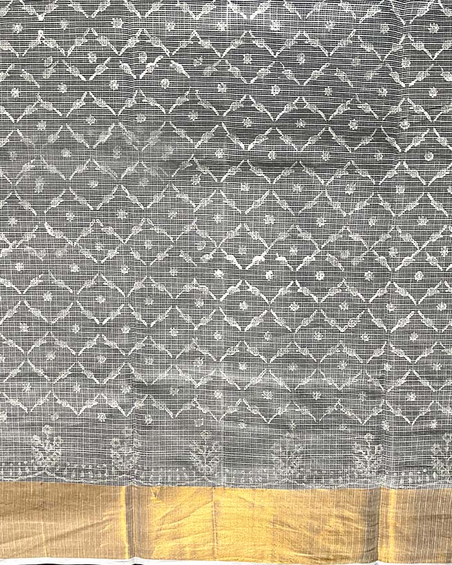 Dewbone Kota Doria Ivory Block Printed Saree - SFD - Image 4