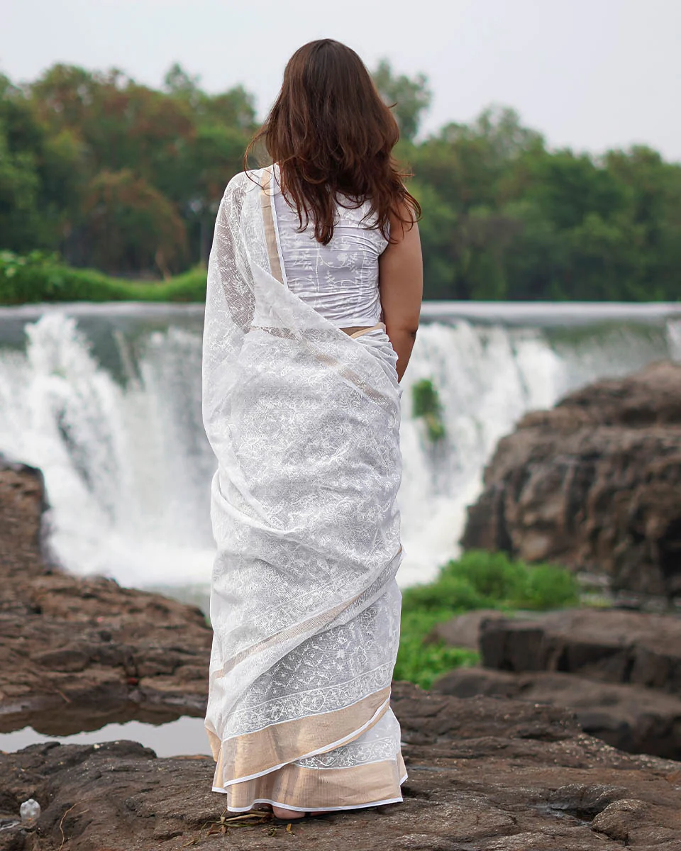 Dewbone Kota Doria Ivory Block Printed Saree - SFD - Image 5