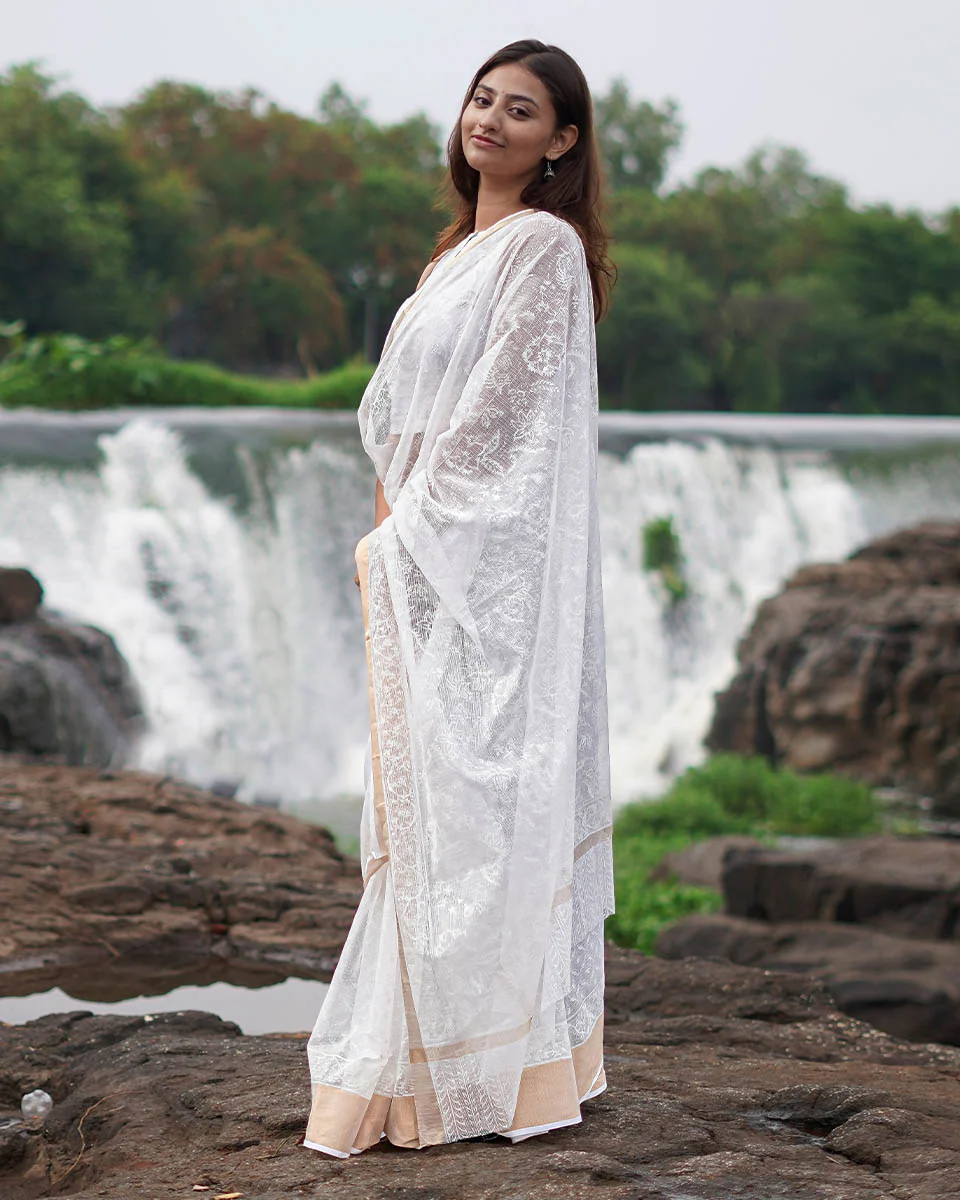 Dewbone Kota Doria Ivory Block Printed Saree - SFD - Image 7