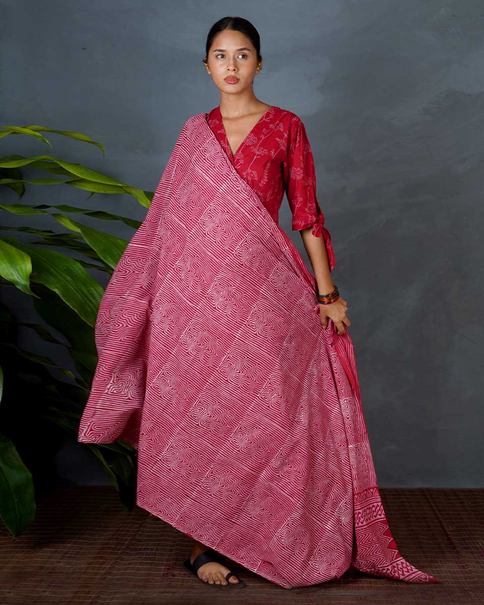 Dhara Red Hand Block Printed Cotton Dupatta-MYA