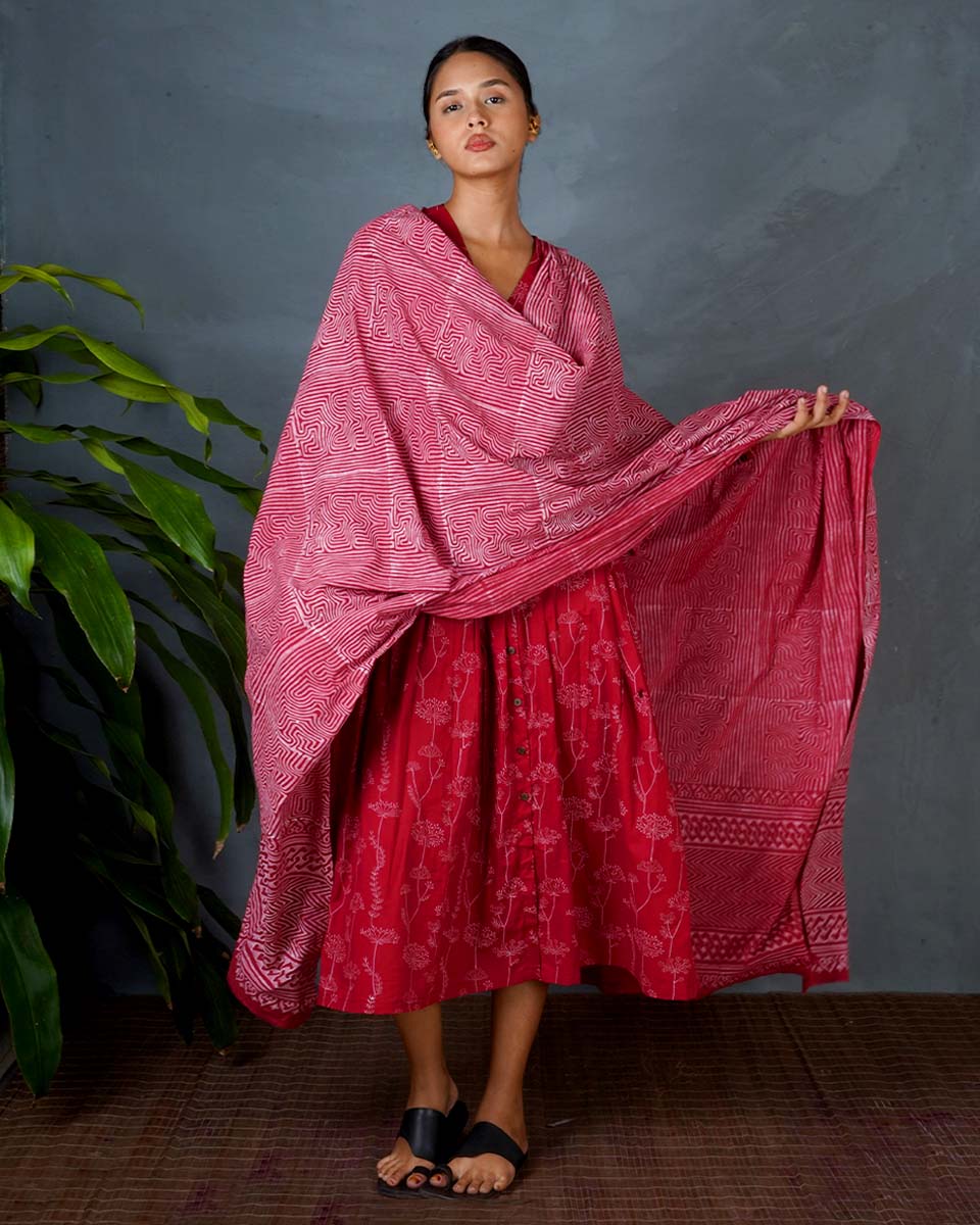 Dhara Red Hand Block Printed Cotton Dupatta-MYA - Image 6