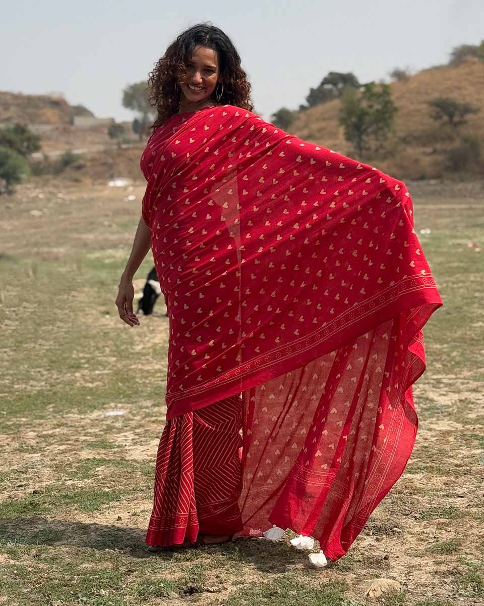 Dil Deewana Red Hand block Printed Cotton Saree - Image 7
