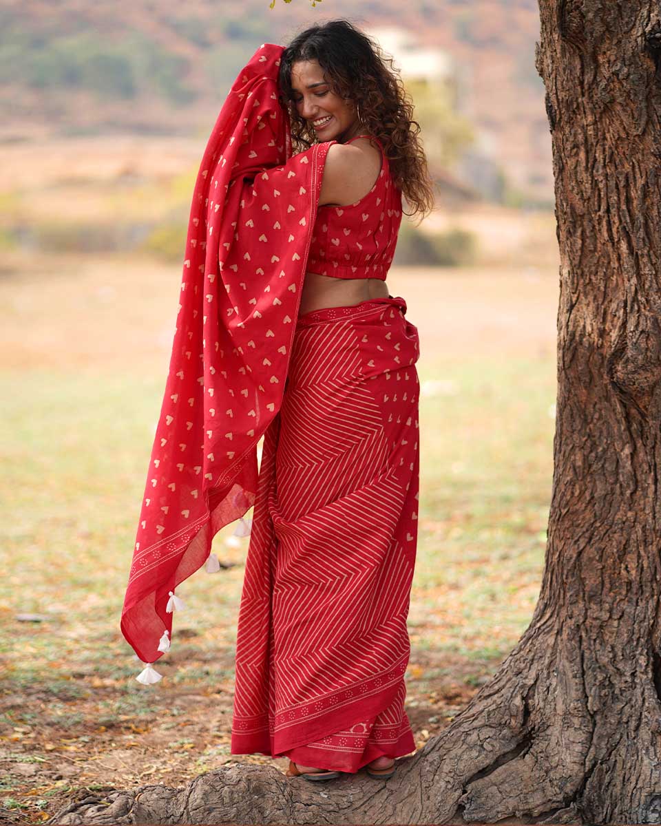 Dil Deewana Red Hand block Printed Cotton Saree - Image 9
