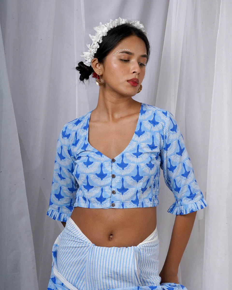 Diti Blue Hand Block Printed Blouse-BAD - Image 2
