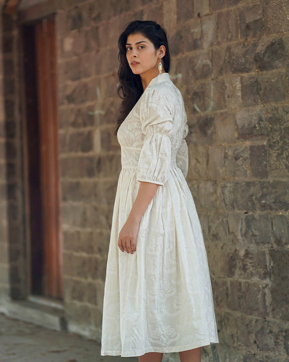 Dried Magnolia Ivory Block Printed Dress - SFD - Image 4