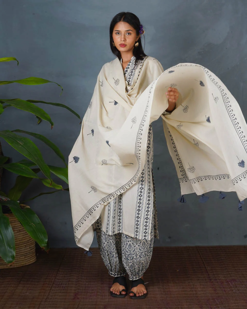 Drifting Ash Ivory Block Printed Dupatta - BMS - Image 2