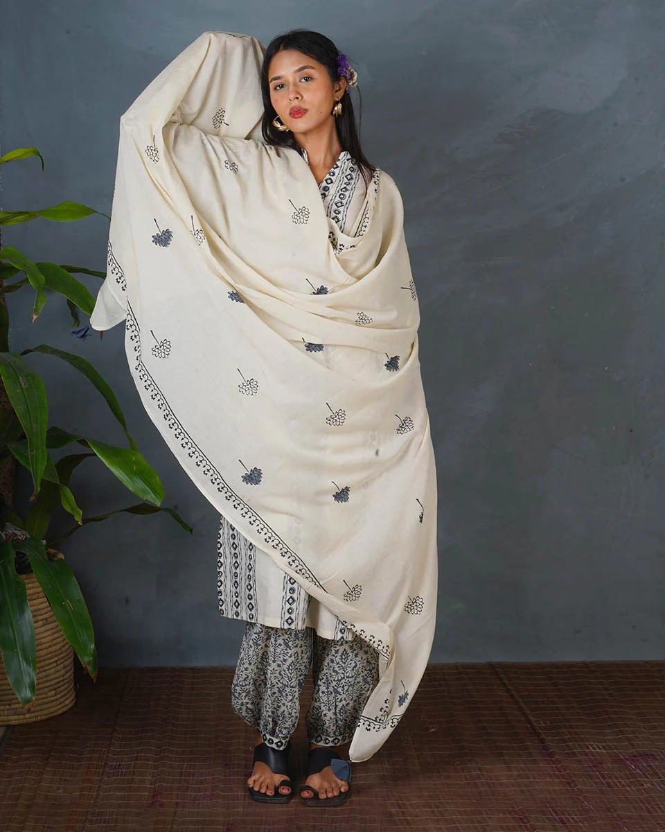 Drifting Ash Ivory Block Printed Dupatta - BMS - Image 5