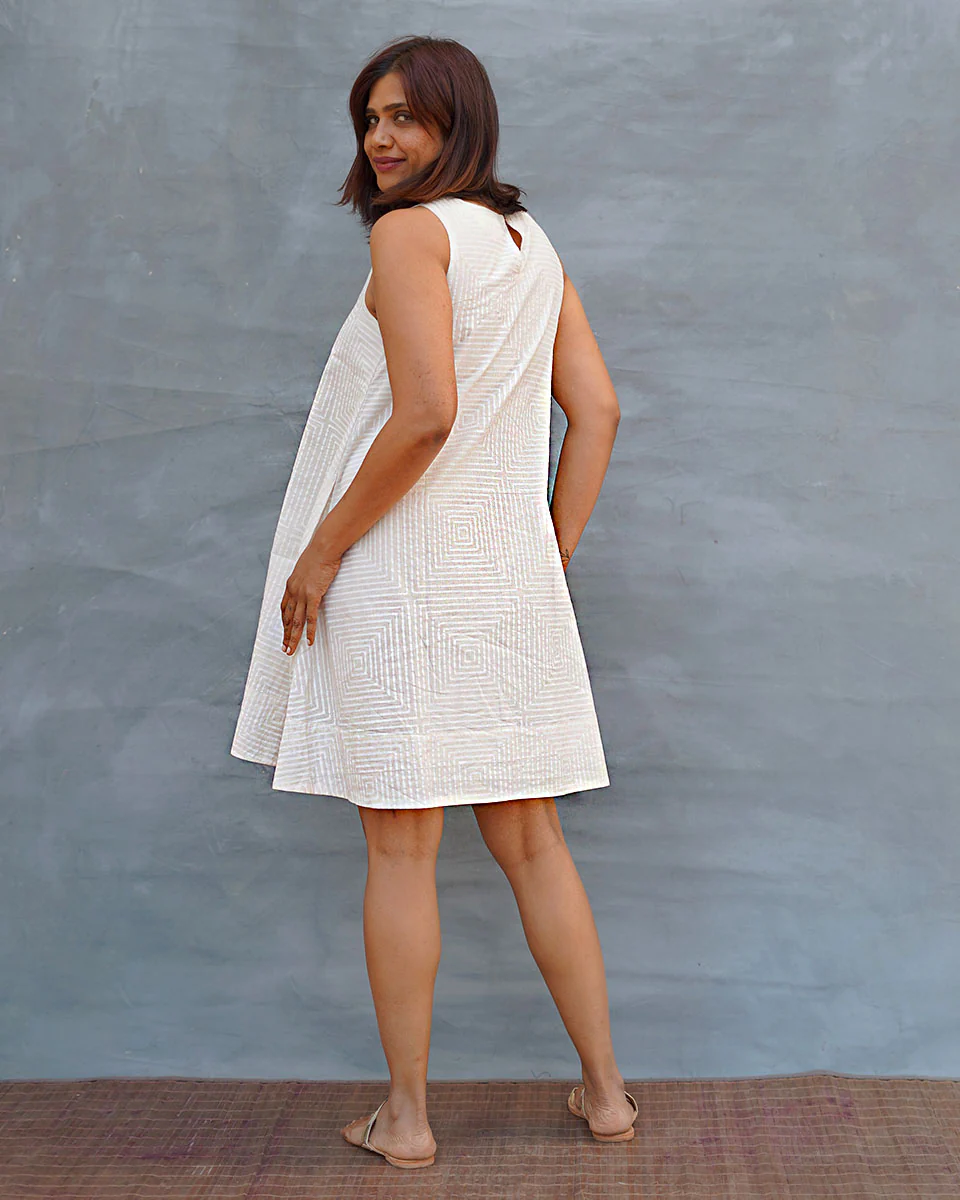 Drifting Away White Handblock Print Cotton Dress - Safed - Image 3