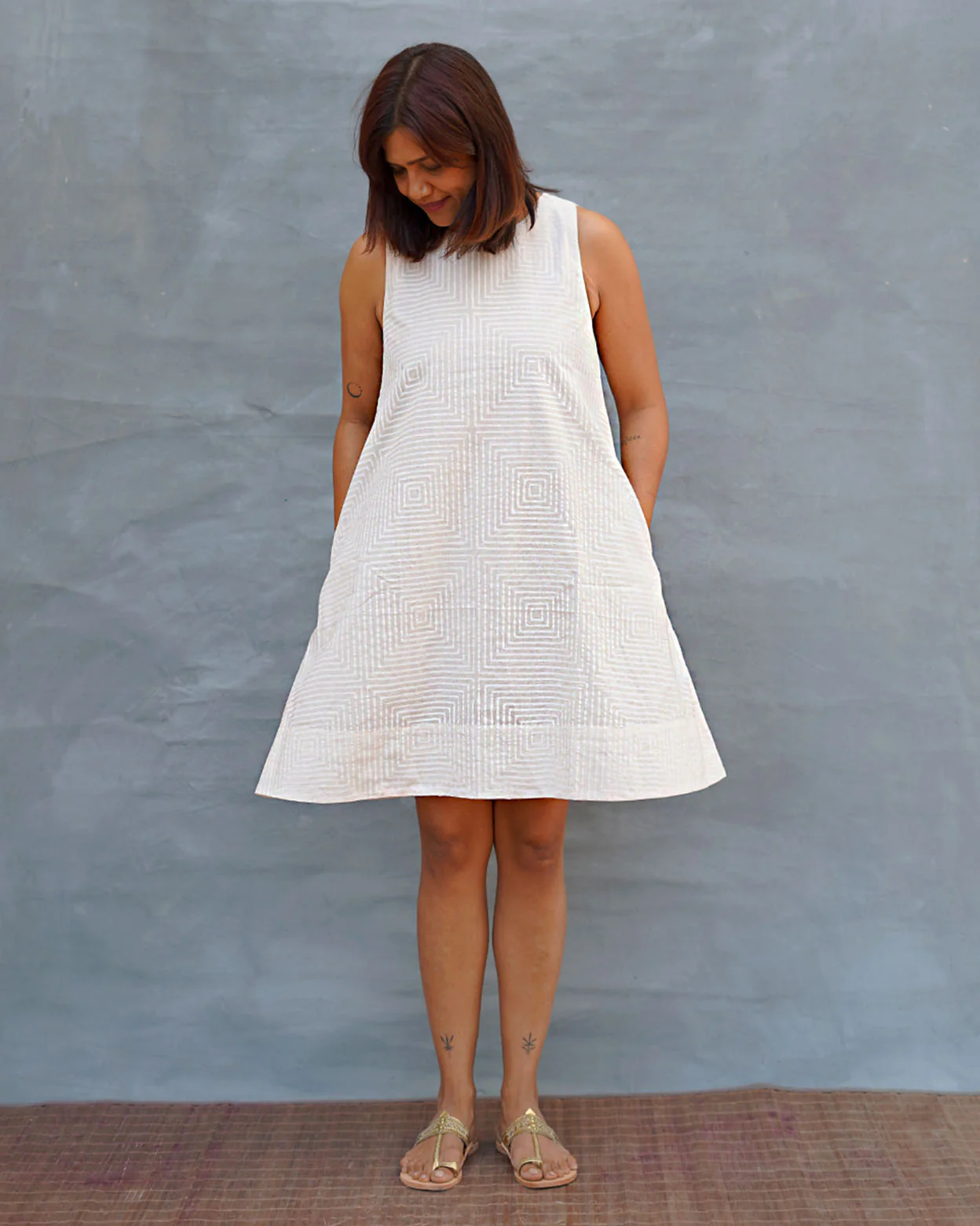 Drifting Away White Handblock Print Cotton Dress - Safed - Image 6