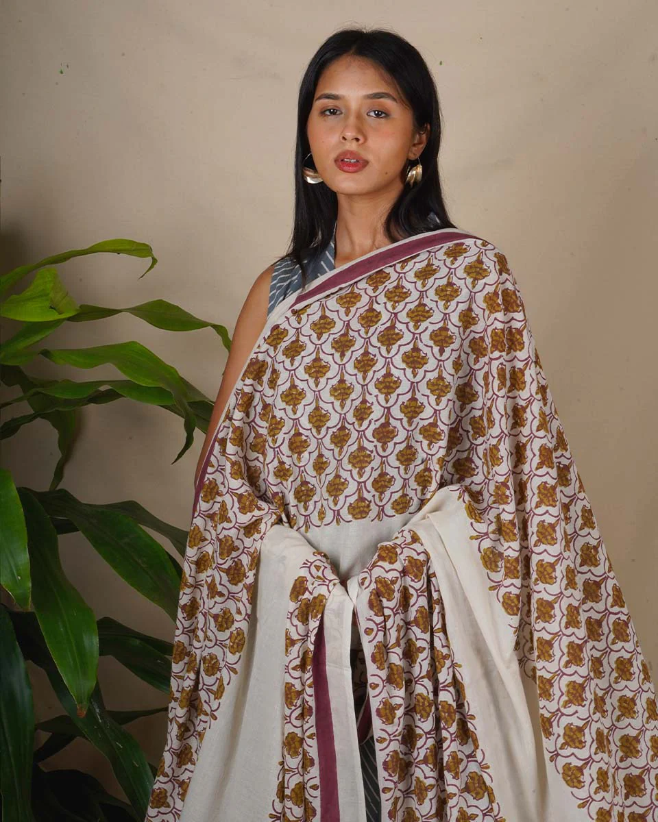 Eden Ivory Block Printed Cotton Dupatta - WW - Image 3
