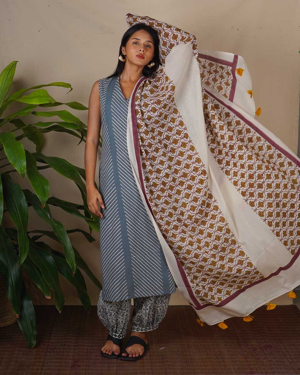 Eden Ivory Block Printed Cotton Dupatta - WW - Image 6