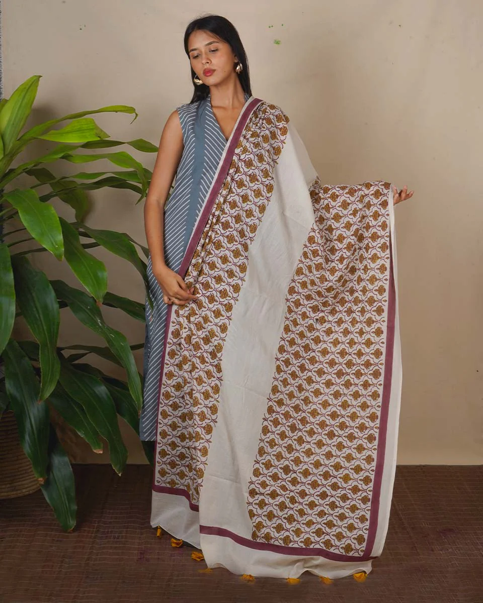 Eden Ivory Block Printed Cotton Dupatta - WW - Image 7