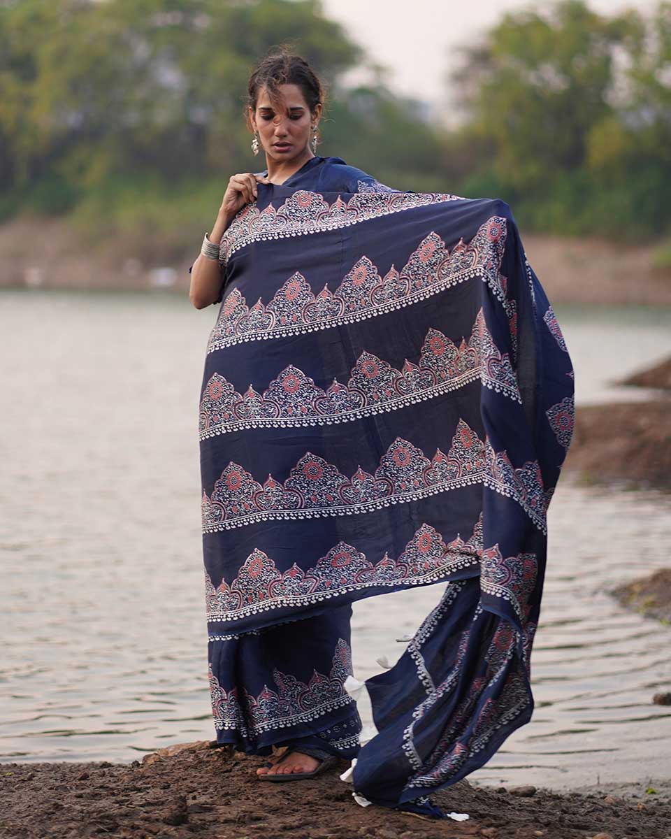 Elishat Black Block printed Modal Silk Saree - Jaisal - Image 10